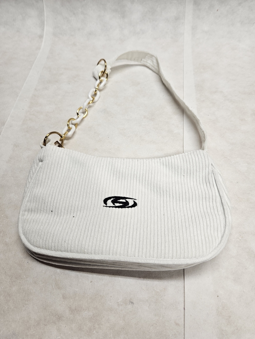 Corduroy Shoulder Bag with Gold Chain Accent in White
